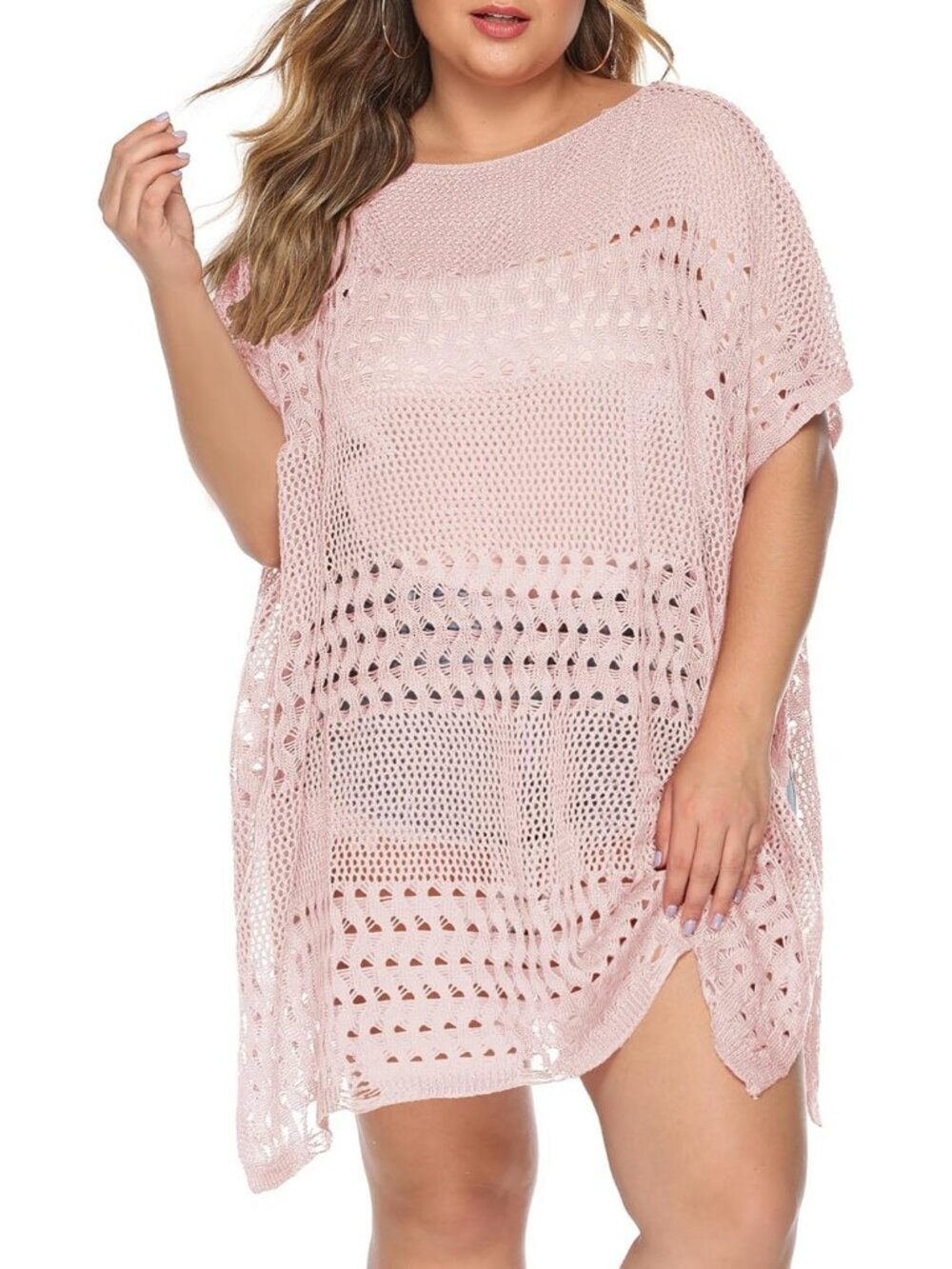 Women's I Hollow Pink Polyester One Size Crochet Summer Swimsuit Coverup Dress
